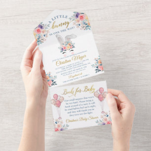 Pink Bunny Floral Baby Shower Books for Baby All In One Invitation