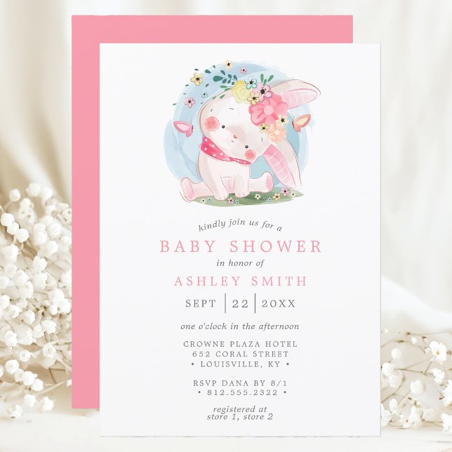 Pink Bunny Floral Butterfly Watercolor Baby Shower Invitation (Creator Uploaded)