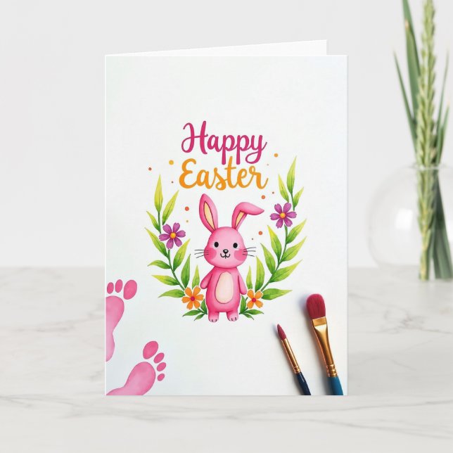 Pink Bunny Floral Easter Card (Front)
