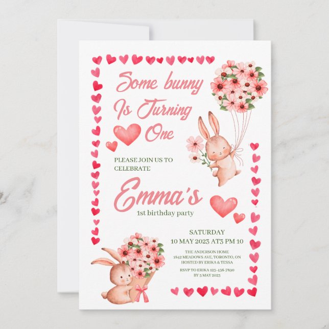Pink Bunny floral First birthday invitation (Front)