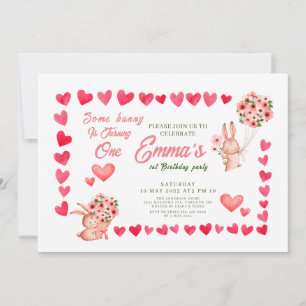 Pink bunny Floral first birthday Invitation