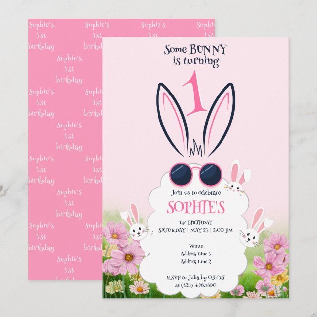 Pink Bunny Flower Garden Spring Summer Birthday Invitation (Front/Back)