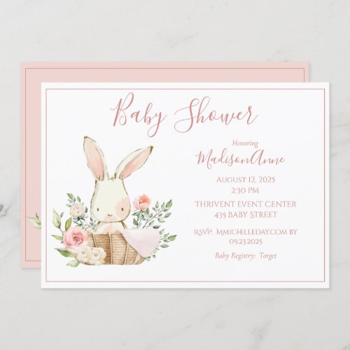 Pink Bunny Forest Watercolor Cute Baby Shower Invitation