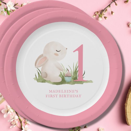 Pink Bunny Girls 1st Birthday Paper Plates