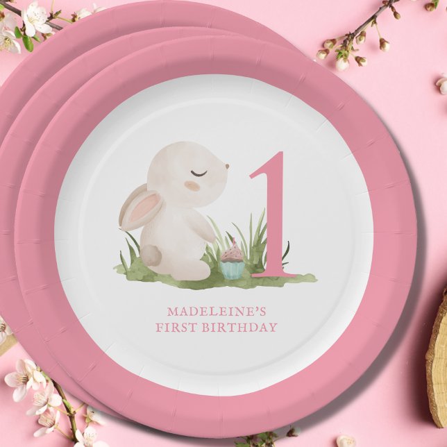 Pink Bunny Girl's 1st Birthday Paper Plates (Creator Uploaded)