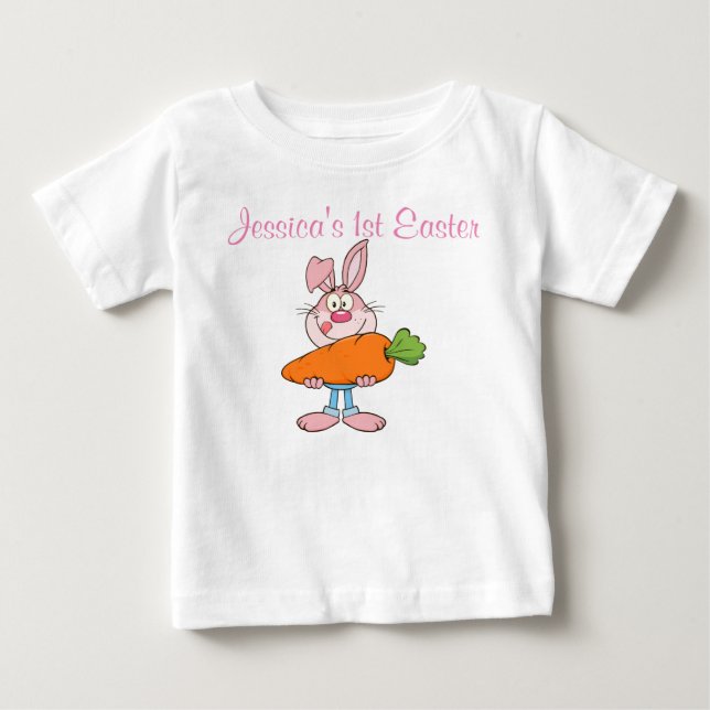 Pink Bunny Holding Huge Carrot Custom Baby T-Shirt (Front)