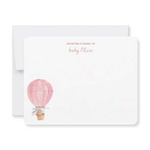 Pink Bunny in Hot Air Balloon Baby girl Thank You Card