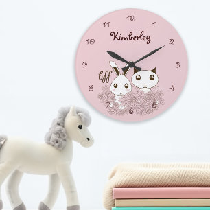Pink Bunny Kitten Animal Friends Kids Girl Large Clock