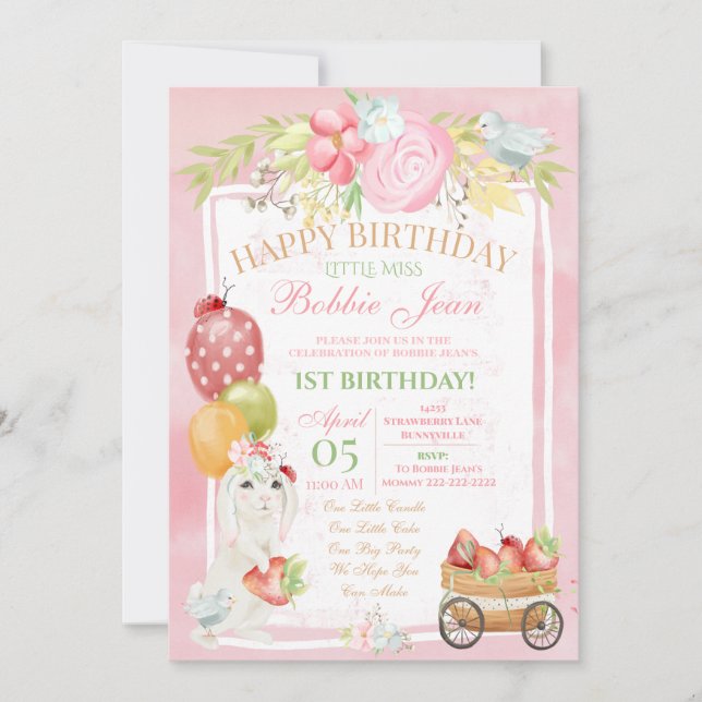 Pink Bunny Ladybug Strawberry Floral Birthday Invitation (Front)
