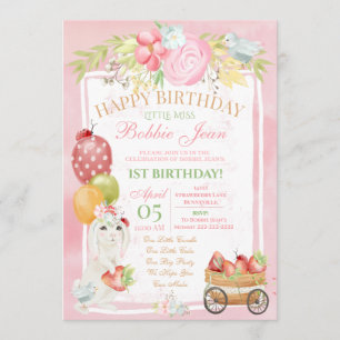 Pink Bunny Ladybug Strawberry Floral Birthday Invitation
