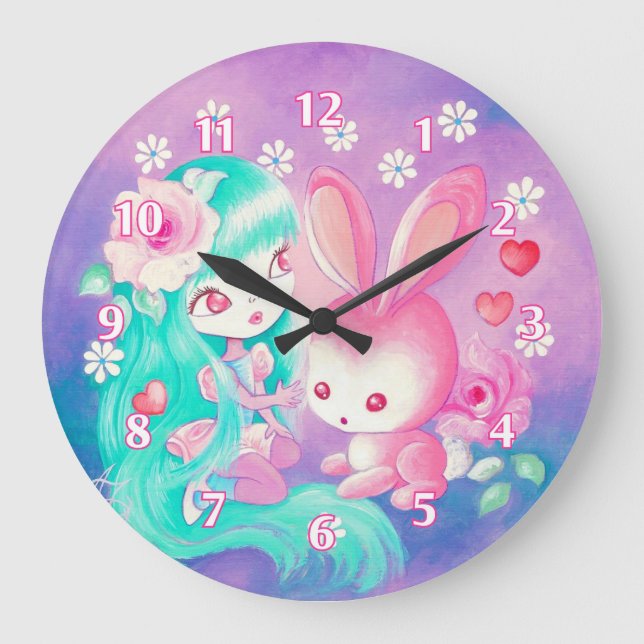 Pink Bunny Love Large Clock (Front)