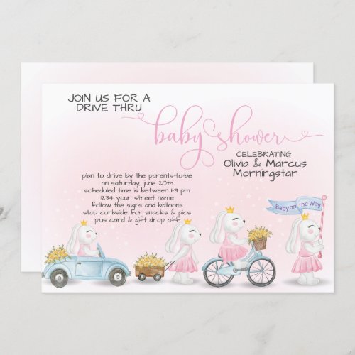 Pink Bunny Parade Drive Thru Baby SHower Invitation