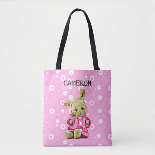 Pink Bunny Personalized White Polka Dot Tote Bag