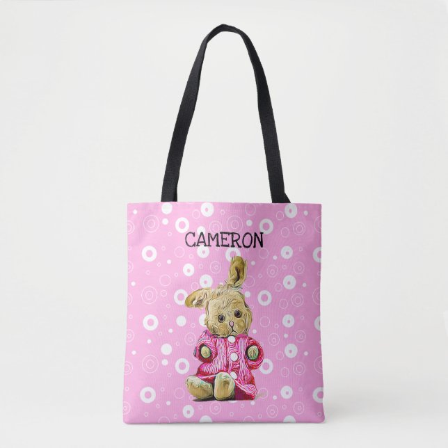 Pink Bunny Personalized White Polka Dot Tote Bag (Front)