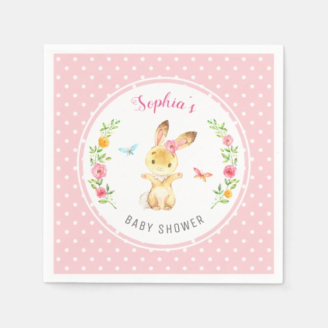 Pink Bunny Polka Dot Girl Baby Shower Sprinkle Napkins (Front)