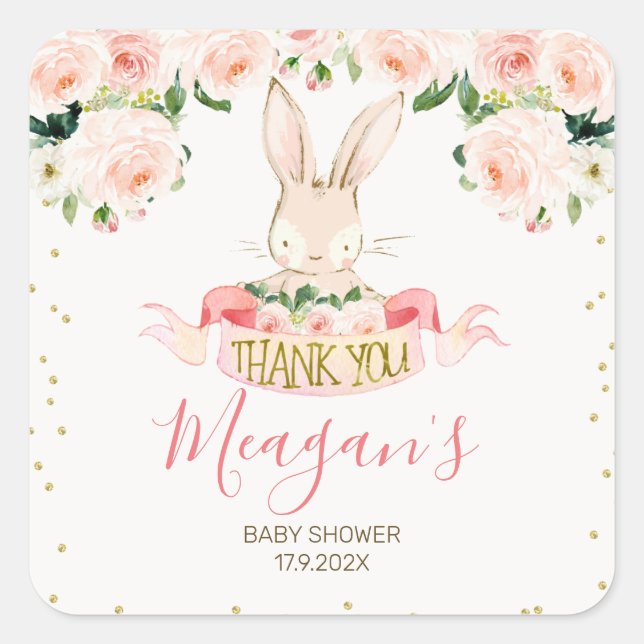 Pink Bunny Rabbit Baby Shower Sticker (Front)