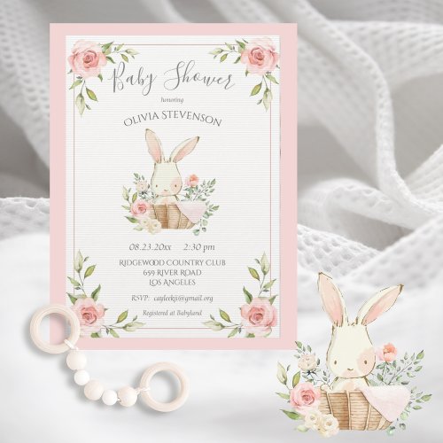 Pink Bunny Rabbit Columned Paper  Baby Shower Invitation