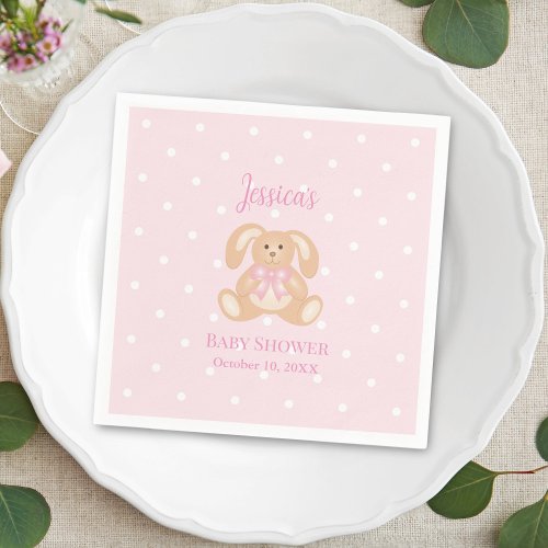 Pink Bunny Rabbit Cute Polka Dots Girl Baby Shower Napkins