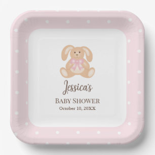 Pink Bunny Rabbit Cute Polka Dots Girl Baby Shower Paper Plates