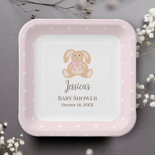 Pink Bunny Rabbit Cute Polka Dots Girl Baby Shower Paper Plates