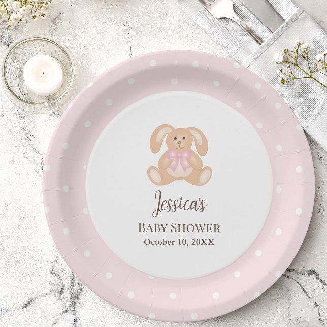 Pink Bunny Rabbit Cute Polka Dots Girl Baby Shower Paper Plates (Creator Uploaded)