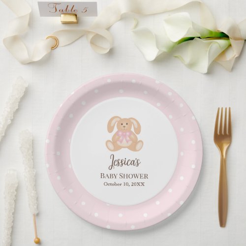 Pink Bunny Rabbit Cute Polka Dots Girl Baby Shower Paper Plates