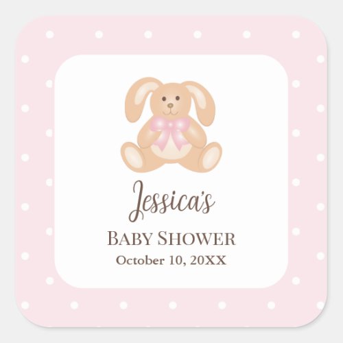 Pink Bunny Rabbit Cute Polka Dots Girl Baby Shower Square Sticker