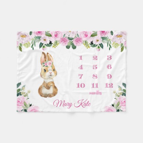 Pink Bunny Rabbit Floral  Baby Monthly Milestone Fleece Blanket