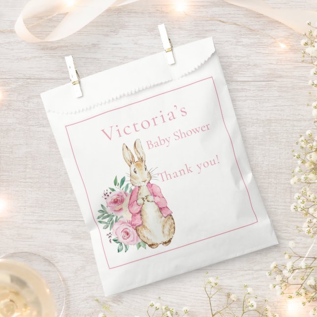 Pink Bunny Rabbit Floral Baby Shower Favor Bag (Clipped)