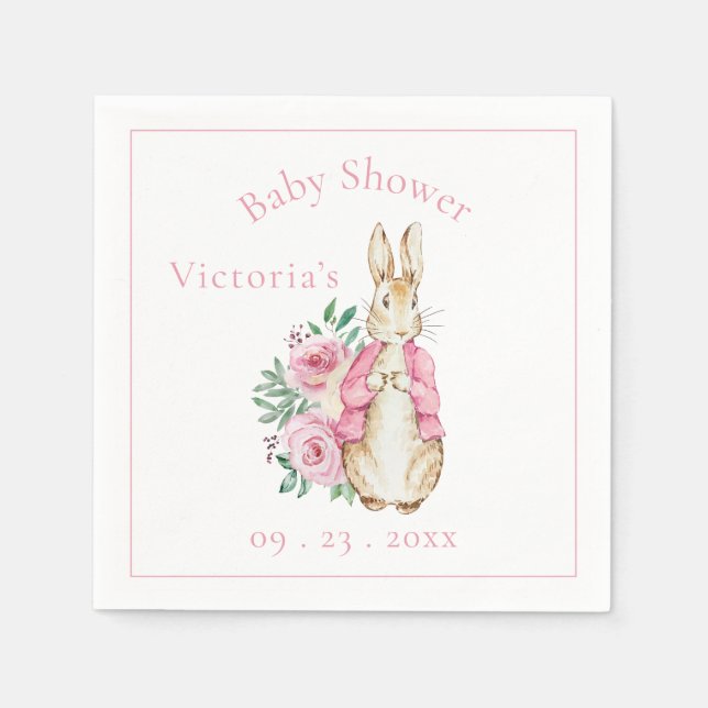 Pink Bunny Rabbit Floral Baby Shower Napkins (Front)