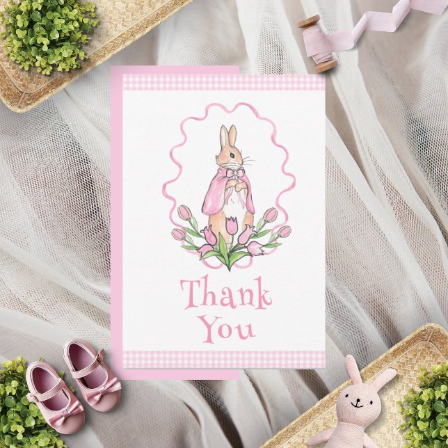 Pink Bunny Rabbit Gingham Floral Baby Shower Thank You Card (Creator Uploaded)