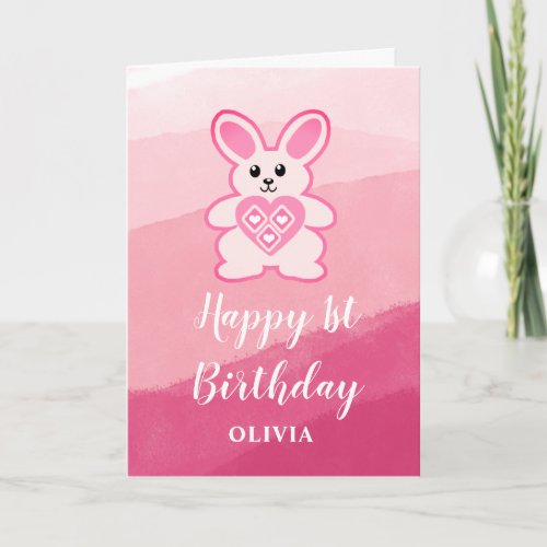 Pink Bunny Rabbit Girl 1st Birthday Card