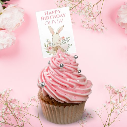 Pink Bunny Rabbit Girl Personalized Birthday Cake Topper