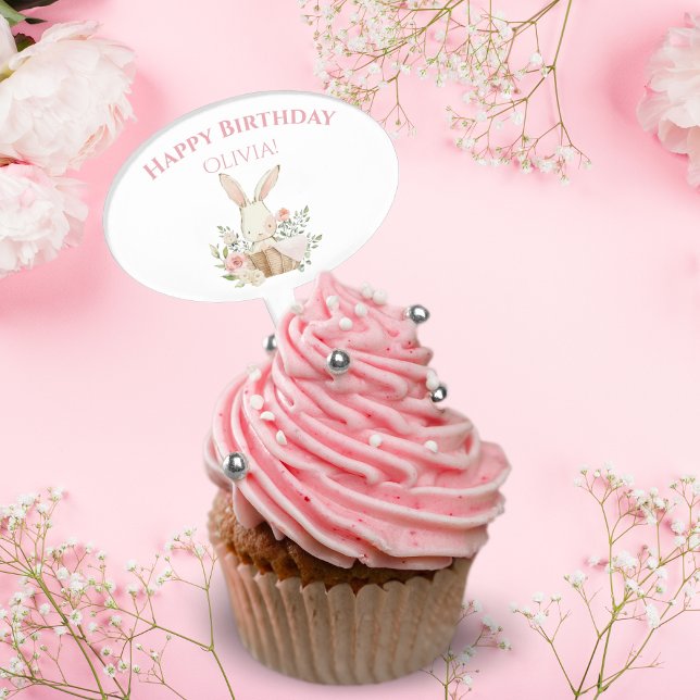 Pink Bunny Rabbit Girl Personalized Birthday Cake Topper (Creator Uploaded)
