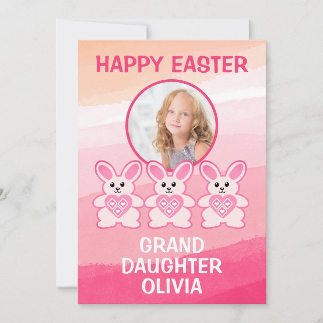 Pink Bunny Rabbit Granddaughter Photo Easter Holiday Card (Front)
