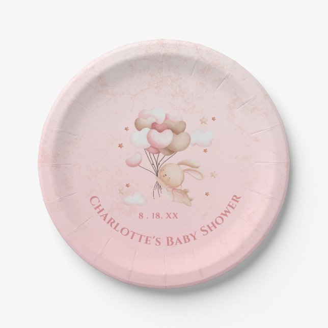  Pink Bunny Rabbit Heart Balloons Baby Shower   Paper Plates (Front)