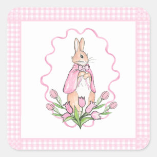 Pink Bunny Rabbit Plaid Animal Theme Baby Shower Square Sticker