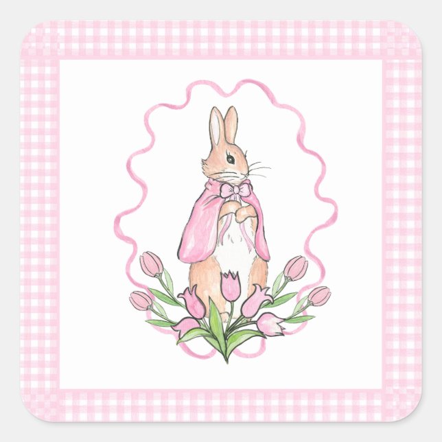 Pink Bunny Rabbit Plaid Animal Theme Baby Shower Square Sticker (Front)