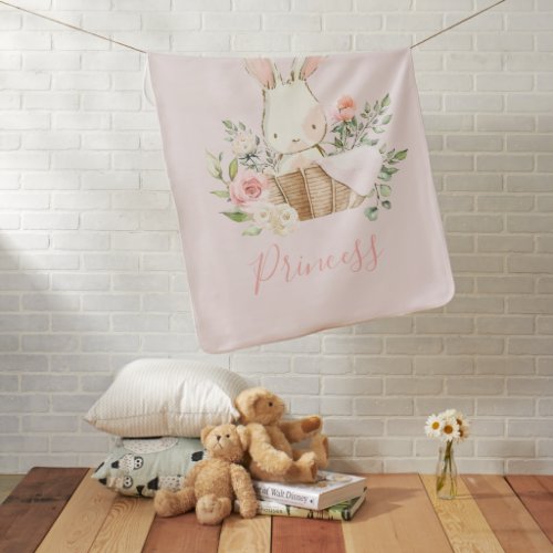 Pink Bunny Rabbit Princess Script Watercolor Baby Blanket