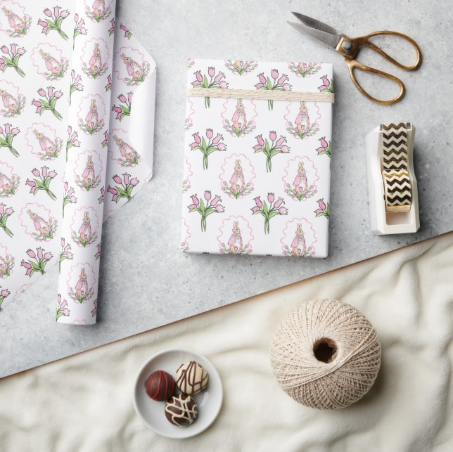 Pink Bunny Rabbit Tulips Floral Watercolor  Wrapping Paper (Crafts)