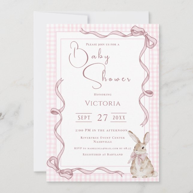Pink Bunny Ribbon Vintage Baby Shower Invitation (Front)