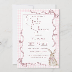 Pink Bunny Ribbon Vintage Baby Shower Invitation