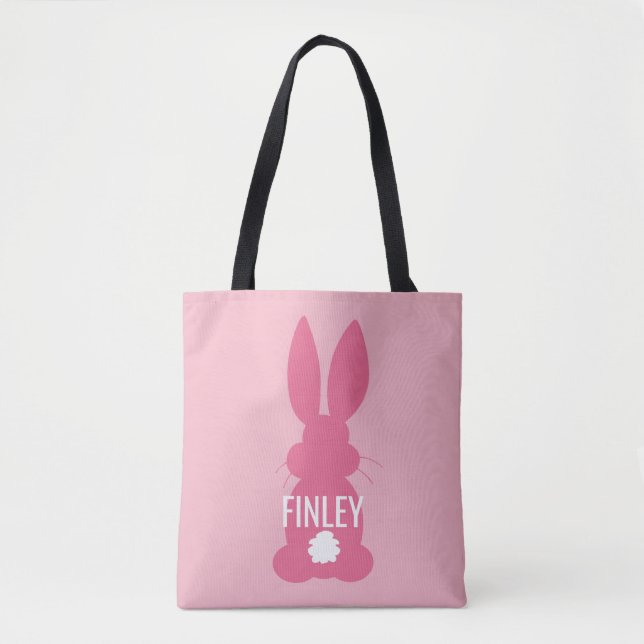 Pink Bunny Silhouette Easter Personalized Girls Tote Bag (Front)