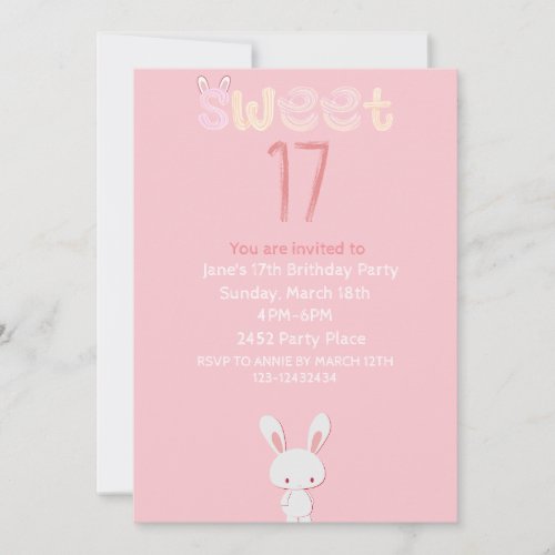 pink bunny sweet seventeen brithday invitation