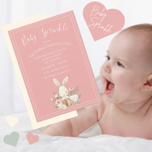 Pink Bunny Watercolor Floral Baby Sprinkle Shower Invitation