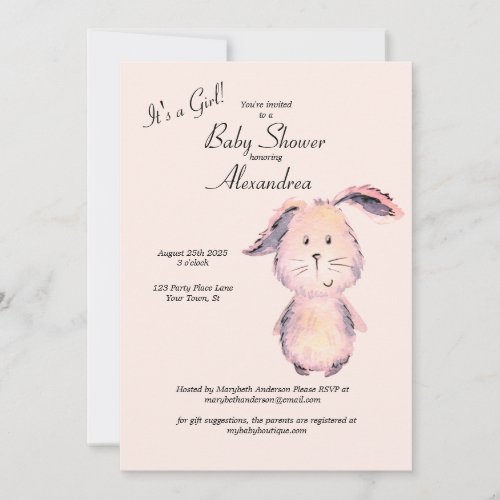 Pink Bunny Watercolor Its a Girl Baby Shower Invitation