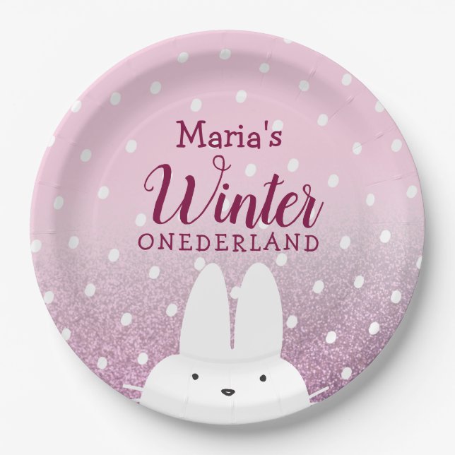 Pink Bunny Winter Onederland 1st Birthday Paper Plates (Front)