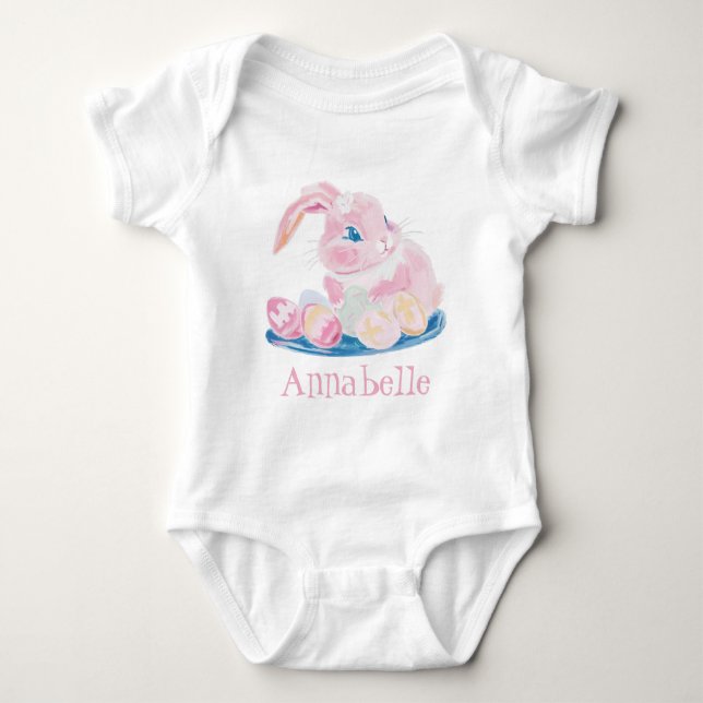 Pink Bunny With Easter Eggs Girly Name White Baby Bodysuit (Front)