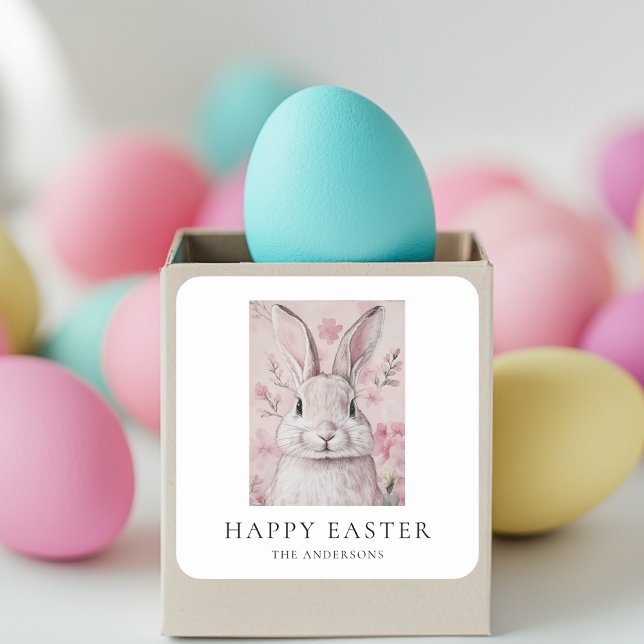 Pink Bunny with Flower Easter Square Sticker (Creator Uploaded)