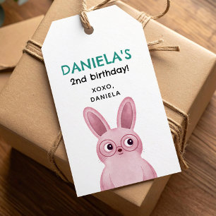 Pink bunny with glasses birthday party for girls gift tags